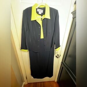 NWT Jessica Howard Petites 14 Navy Lime Sheath 2 Piece Dress Suit Set Jacket 14P